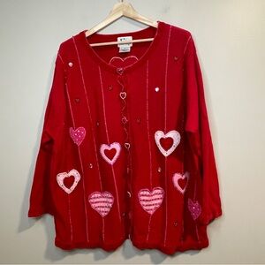 Quacker Factory Valentines Day Heart Cardigan Sweater Red 3X